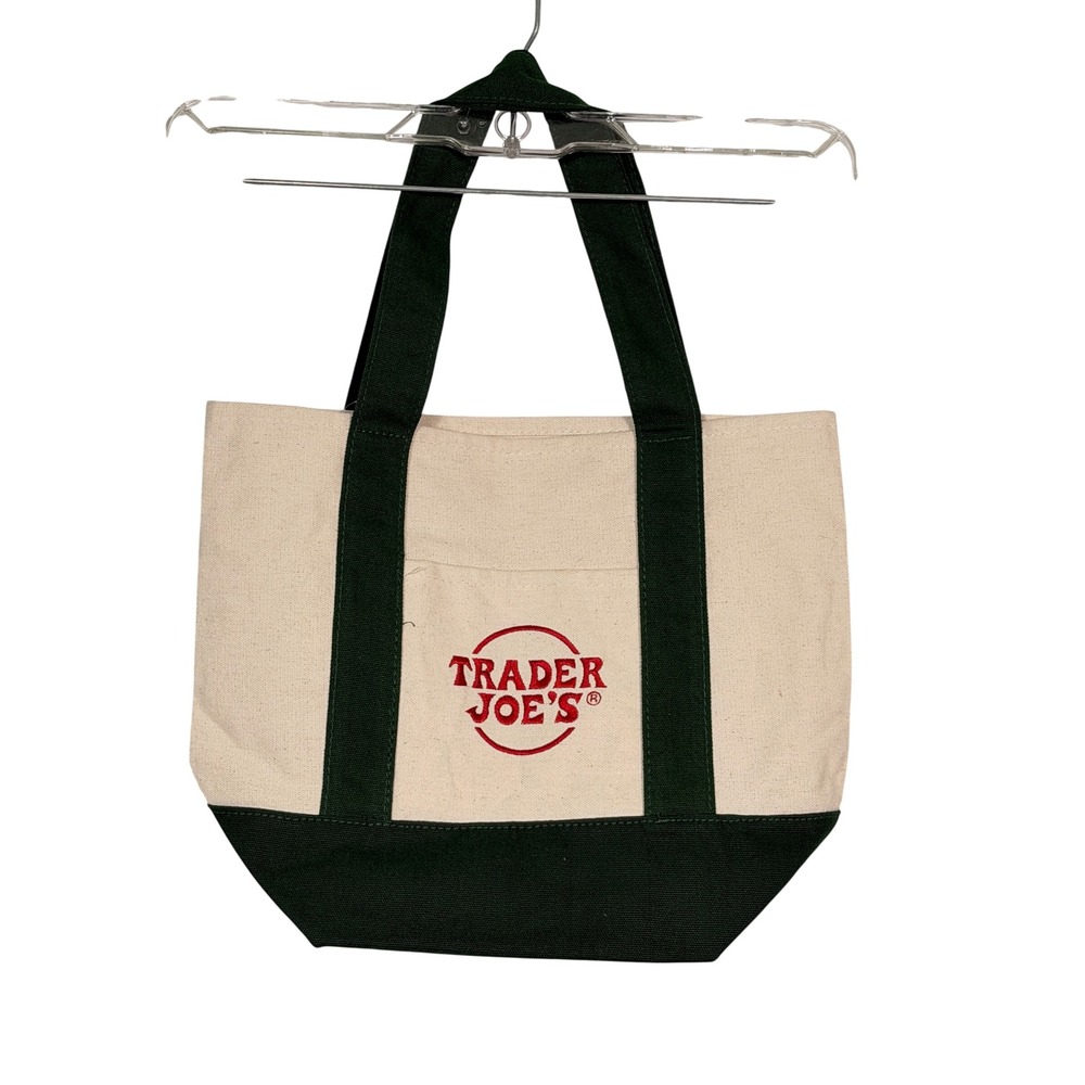 Trader Joe's Mini Canvas Tote Bag Forest Green Cream Logo Viral Collectible